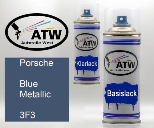 Porsche, Blue Metallic, 3F3: 400ml Sprühdose + 400ml Klarlack - Set, von ATW Autoteile West.